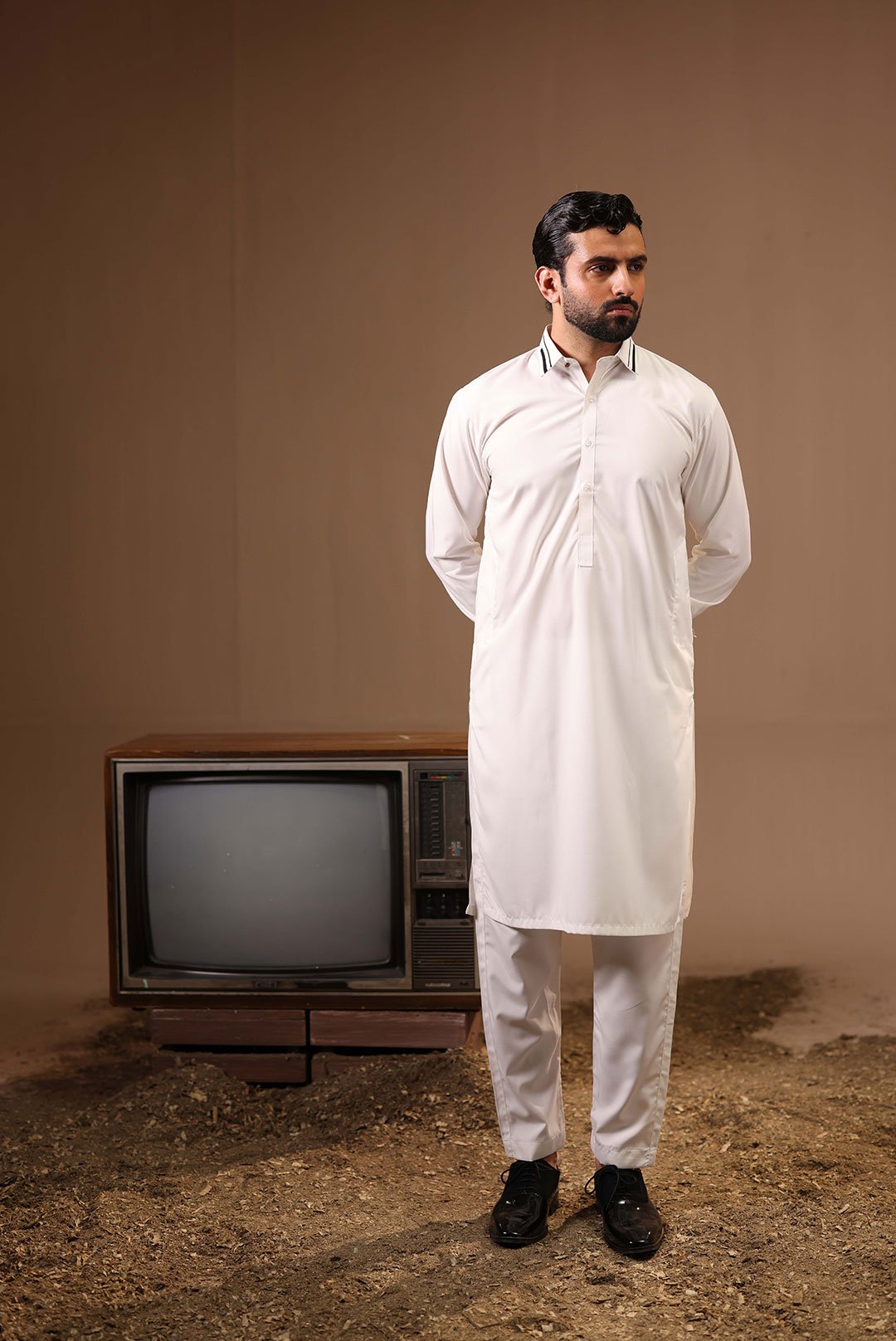 CLASSIC OFF-WHITE KAMEEZ SHALWAR (Black Strips on Collar) - Image 4