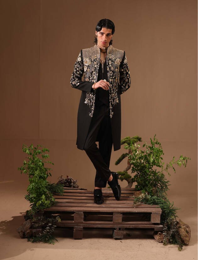 BLACK EMBELLISHED COAT WITH GOLDEN DETAILS