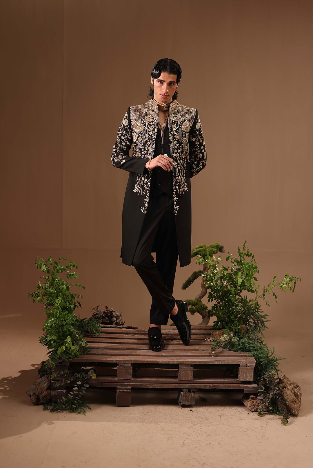 BLACK EMBELLISHED COAT WITH GOLDEN DETAILS