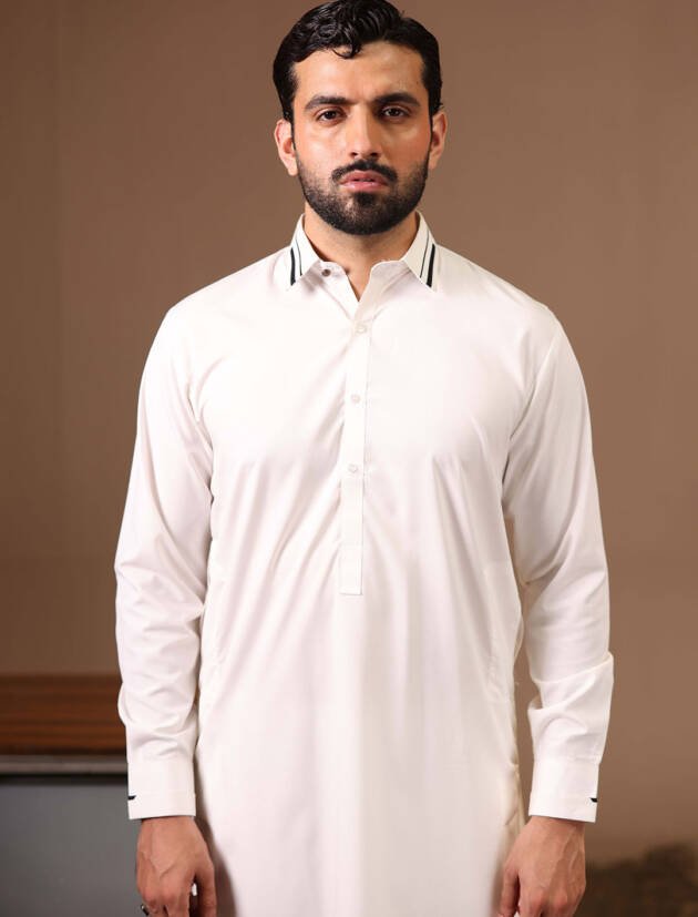 CLASSIC OFF-WHITE KAMEEZ SHALWAR (Black Strips on Collar)