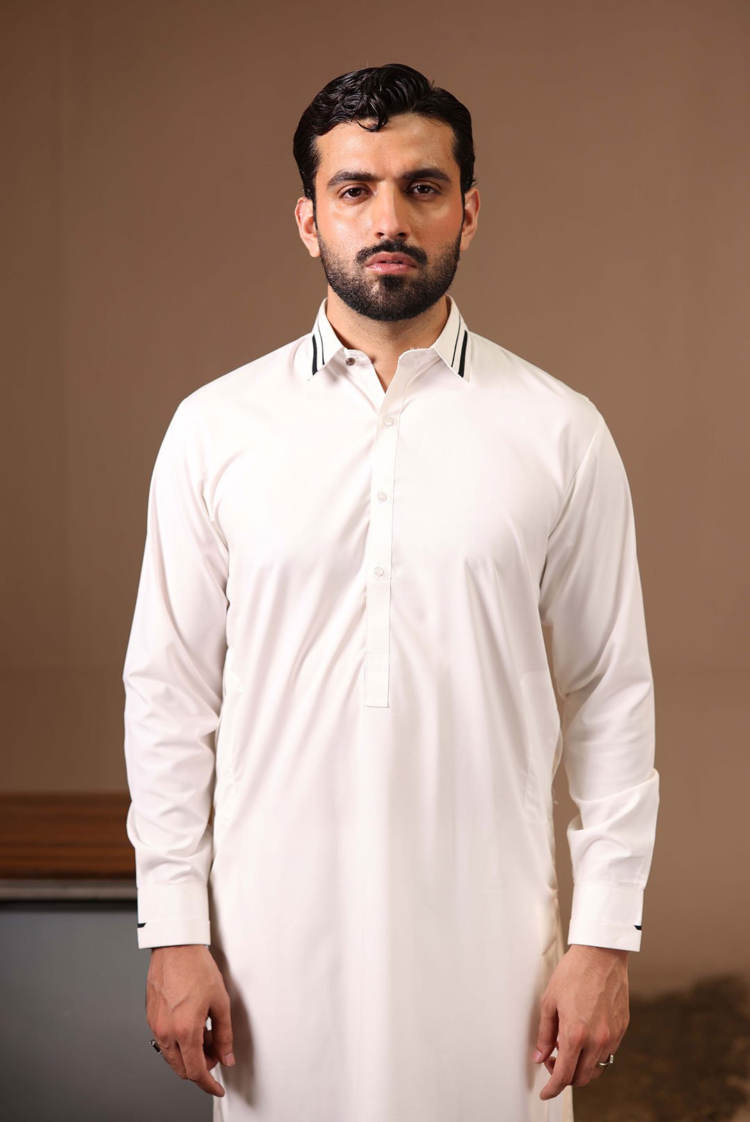CLASSIC OFF-WHITE KAMEEZ SHALWAR (Black Strips on Collar)